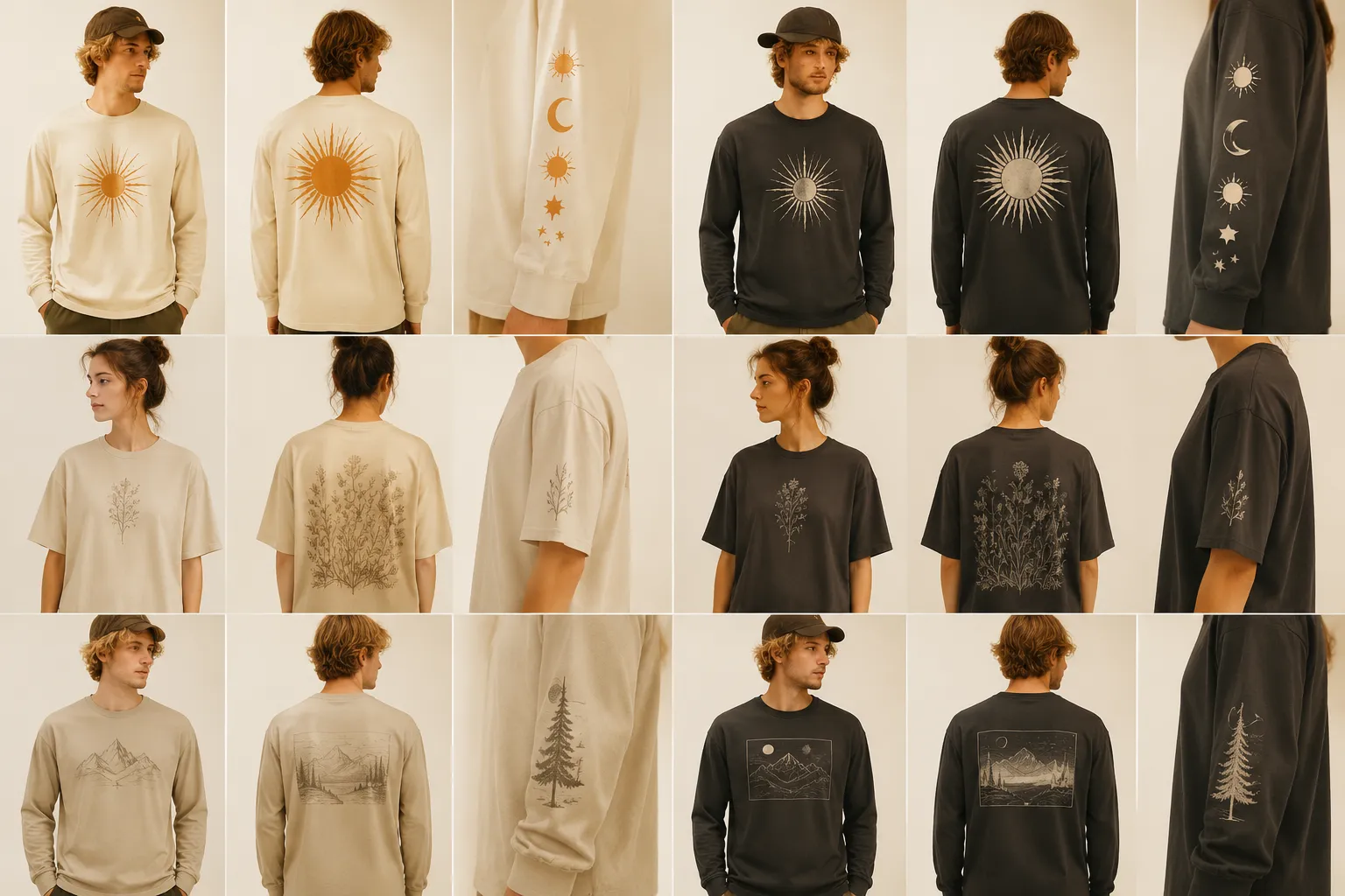 Apparel graphic options compared across garment tones and placements
