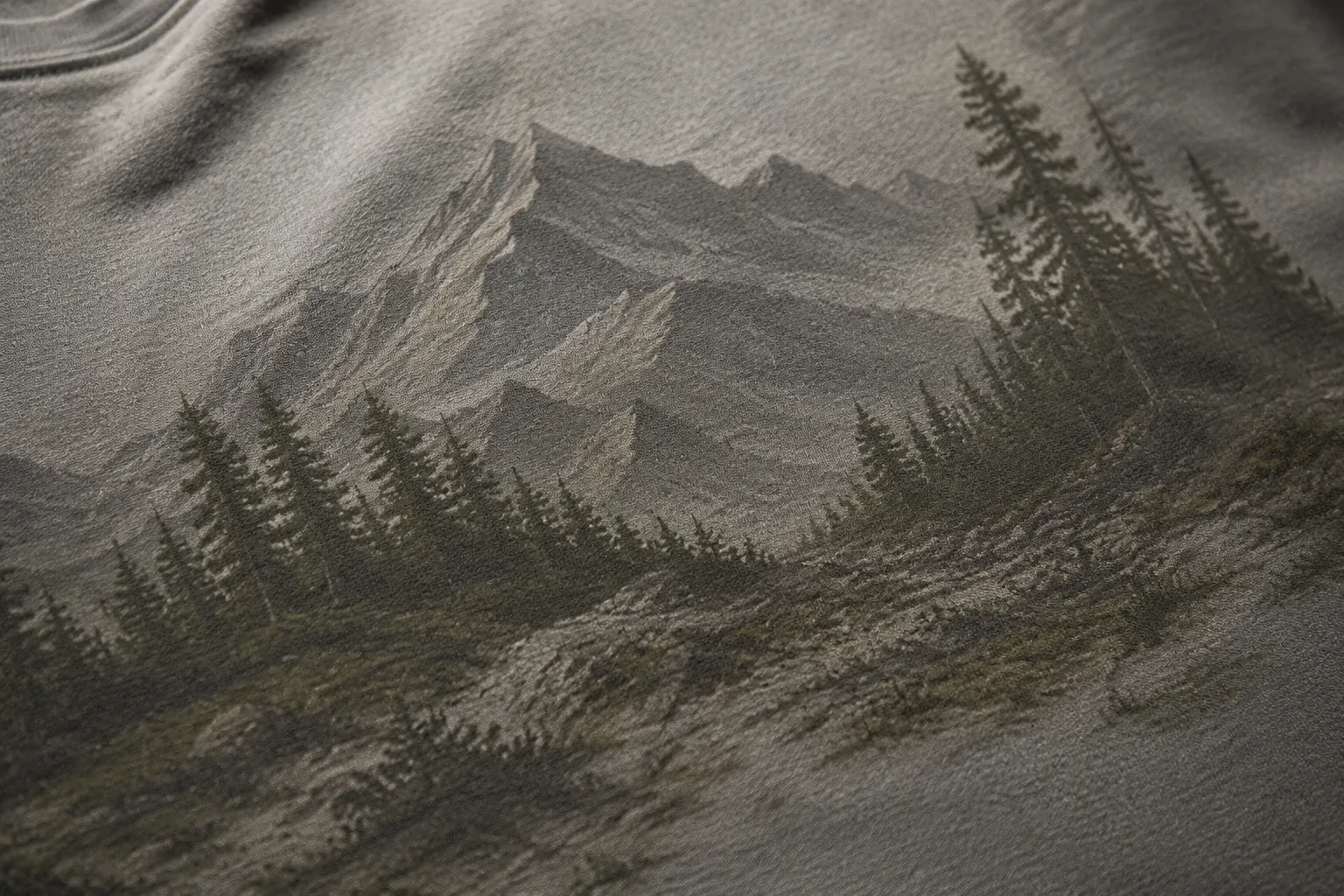 Simulated close view of tonal gray and olive garment artwork