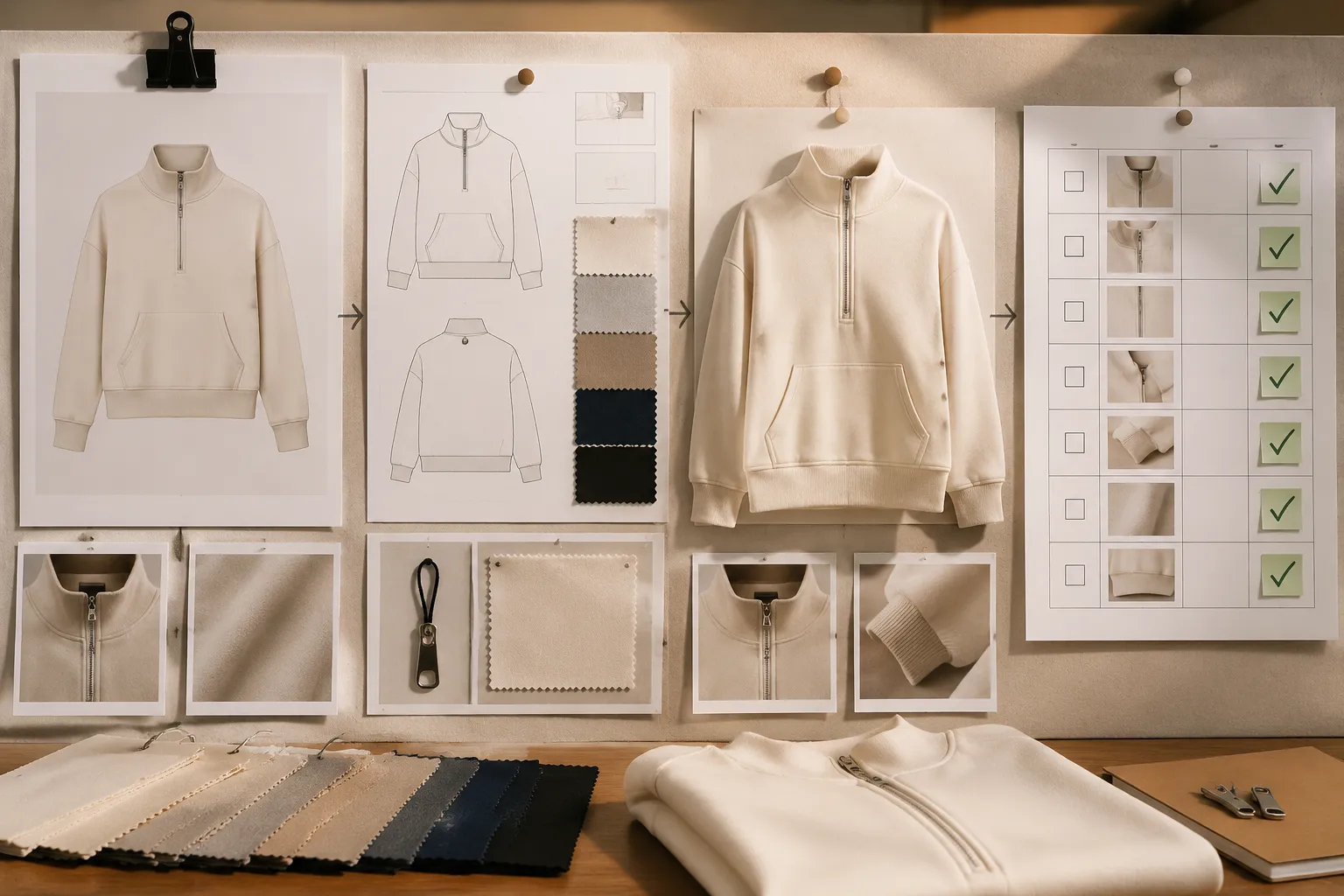 Apparel decision handoff showing mockup, sample, provider confirmation, and approval stages