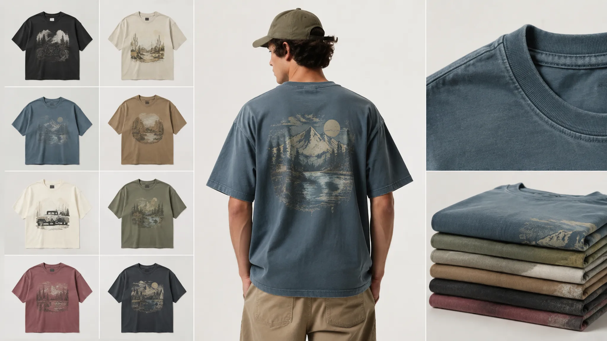 Apparel collection presentation showing coordinated graphic rhythm across product listing frames