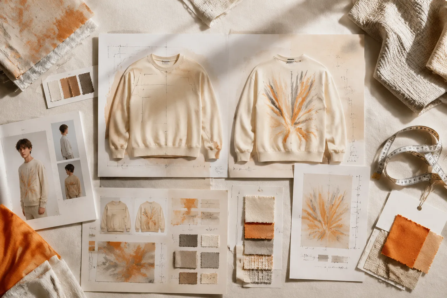Apparel review board with garment landmarks, artwork dimensions, and colorway notes