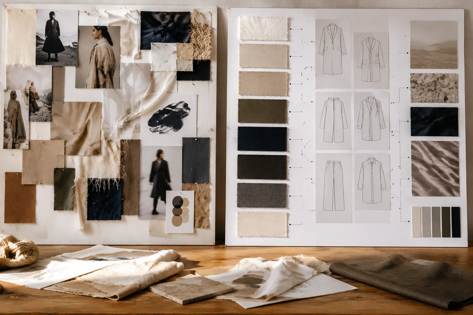 Split studio view comparing an expressive apparel mood board with a structured annotated theme brief