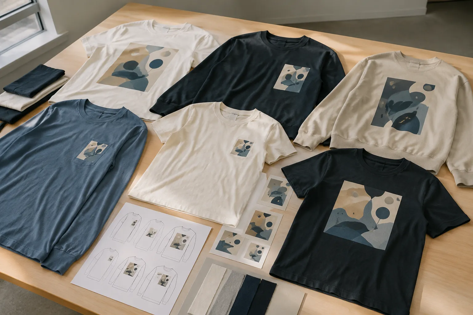 Apparel collection review showing the same motif tested across light and dark garments, placements, and silhouettes
