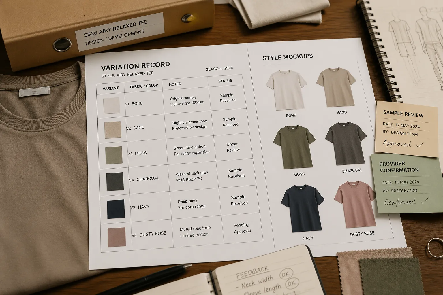 Apparel collection handoff record showing variation decisions, evidence stages, and unresolved questions