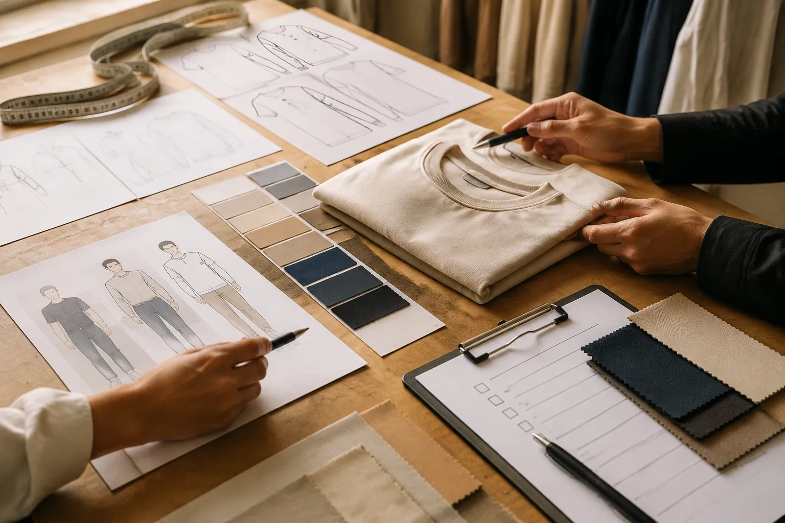 Apparel assortment handoff with mockups, samples, and review records