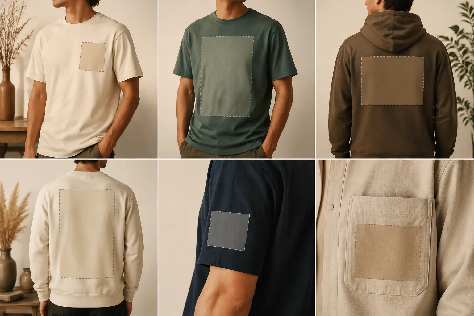 Garment placement comparison showing chest, back, sleeve, and pocket artwork areas