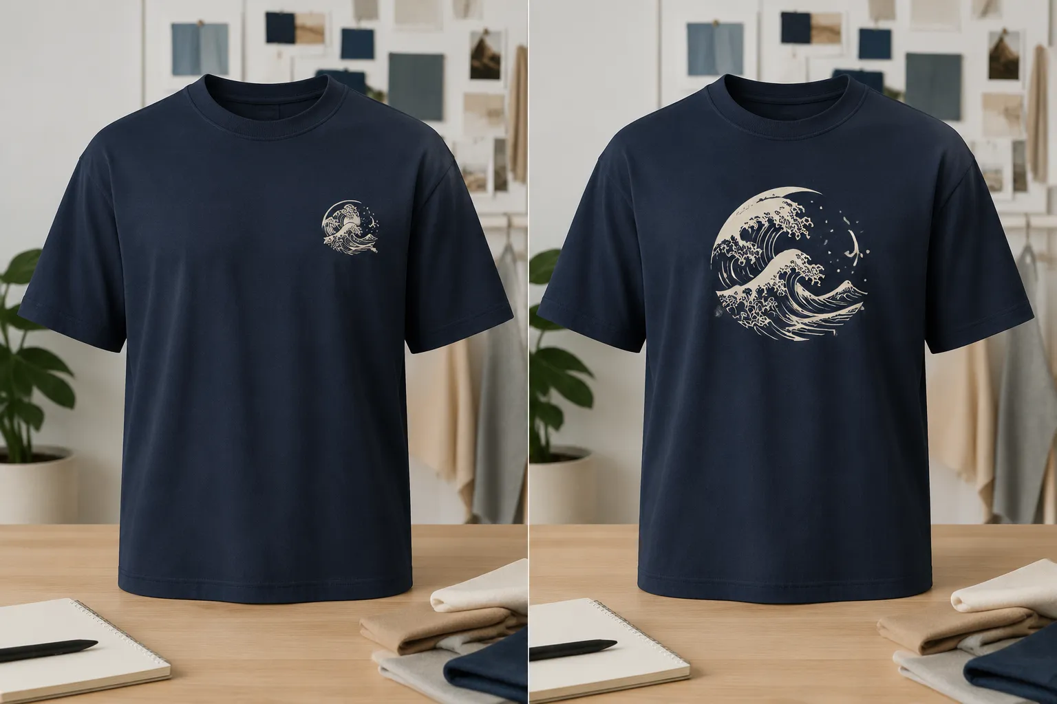 Side-by-side simulated mockups comparing left-chest and center-chest placement on the same garment