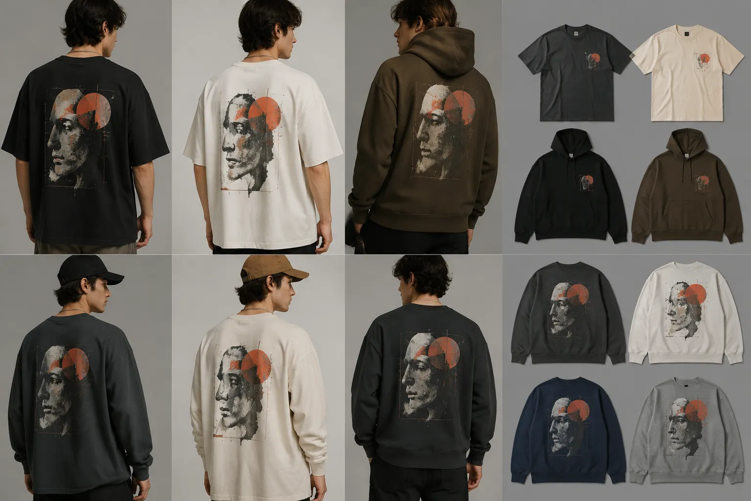 Simulated apparel graphic mockup comparison with garment tones, placements, and colorways