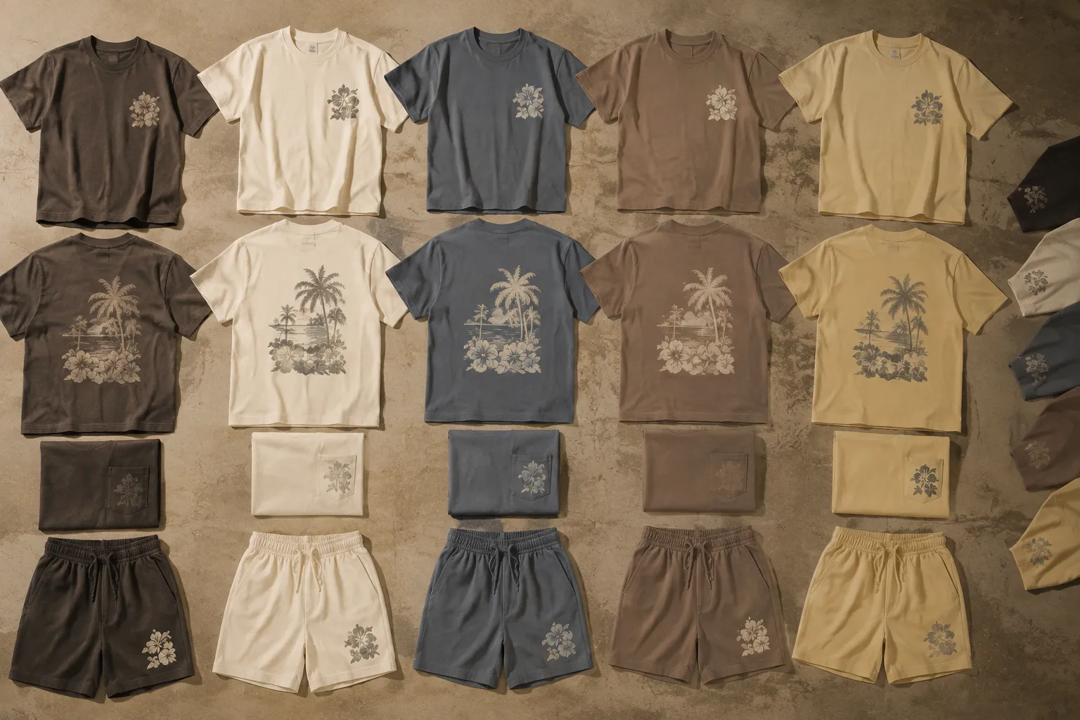 Garment colorways and graphic placements arranged for assortment comparison